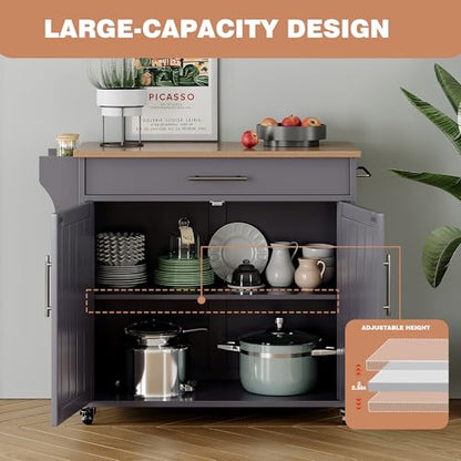 Kitchen Island with Storage, Wooden Countertop Rolling Kitchen Island On Wheels Storage Cabinet, Mobile Kitchen Island Cart with Towel Rack, Spice Rack and Drawers, Grey - color: Grey