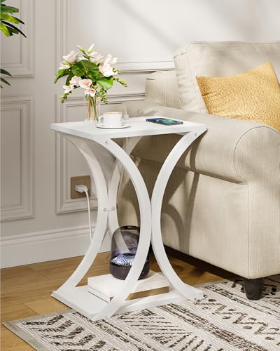 CHOEZON White End Table with Charging Station, 2-Tier Narrow Side Table, Nightstand with Storage Shelf, for Small Spaces, for Living Room, Bedroom, White TBZ20UWB - color: White