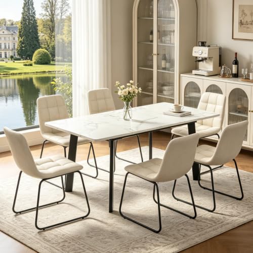 47.2"-63" Expandable Dining Room Table Set for 4-8 People, White | Removable Extension Leaf, Durable MDF Rectangle Tabletop, 6 Beige Sleek Faux Leather Chairs, Heavy Duty Modern Kitchen Table - color: 47.2'' - 63'' White Table+6 U Beige Chairs