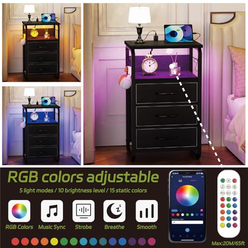 runjuly End Tables Set of 2 with Charging Station, LED Lights, Hooks, Black | 3 Large Fabric Drawers, USB C Ports & Power Outlets, Metal Night Stand Pair, Storage Nightstand for Living Room / Bedroom - color: Black, style: Larger+Taller Set of 2