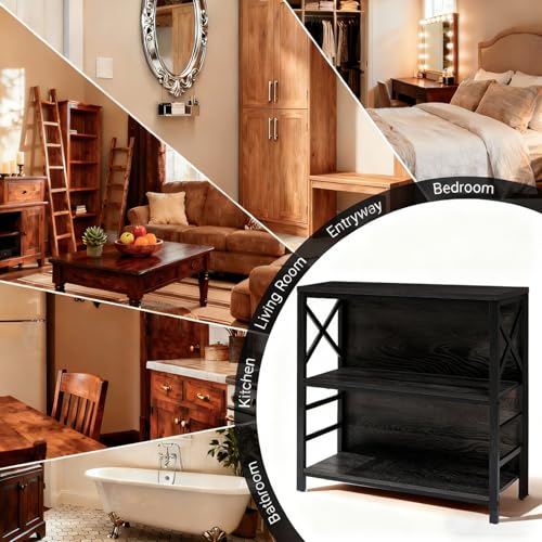 MNEETRUNG Small Bookshelf,3 Tier Industrial Bookcase with Metal Frame and Backboard,Low Black Book Shelf,Book case for Small Spaces,Living Room,Bedroom and Home Office - color: Black, size: 3-Tier (29.5"W x 11.8"D x 29.2"H)