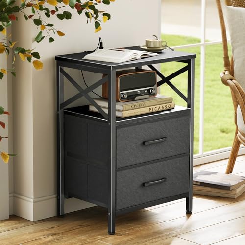Huuger Nightstands Set of 2, Night Stand with Charger Station, 2 Drawer Side Table with Open Shelf, USB-C Port, End Table for Small Spaces, X Shaped Side Rail, Black - color: Black