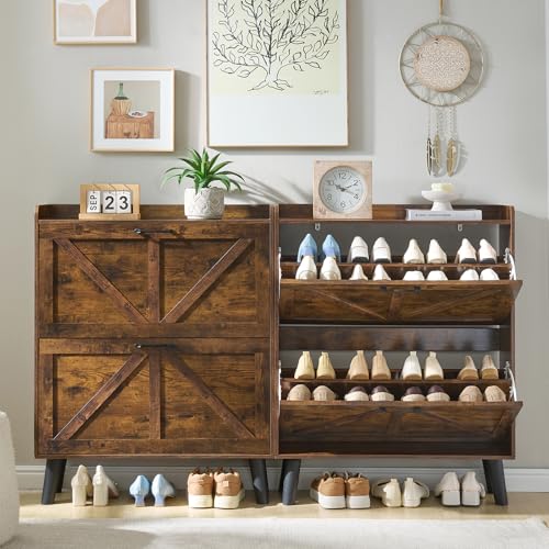 LEYAOYAO Shoe Cabinet Storage for Entryway with 2 Flip Drawers Rack Narrow Organizer Slim Hidden Wood Shoe Cabinet Furniture Brown - color: Brown