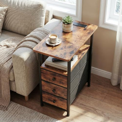 AMHANCIBLE End Tables Living Room with Charging Station, Narrow Side Table with USB Ports and Outlets, Slim Nightstand with 3 Fabric Drawers for Bedroom, Small Space, Rustic Brown, HETN013BR-1 - color: Brown, style: Power