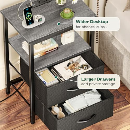 Huuger Night Stand with Charger Station and LED Lights, 2 Drawer Nightstand, Bed Side Table with Open Shelf, End Table, Fabric Dresser for Bedroom, Grey - color: Grey, size: 11.8"D x 15.7"W x 23.6"H（2 Drawers）