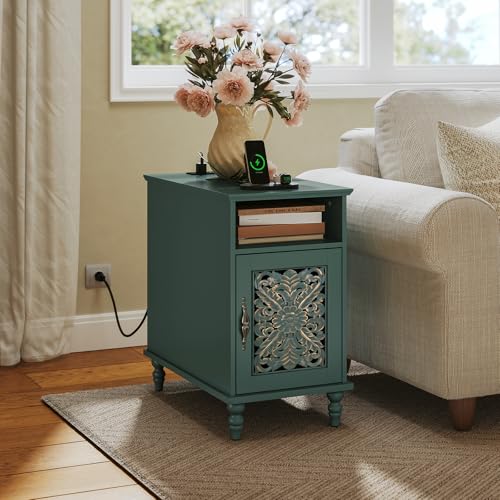 ARTPOWER Narrow Side Table with Charging Station, Vintage Carved Door End Table with Storage for Small Spaces, Slim Bedside Table for Living Room, Bedroom, Green - color: Green