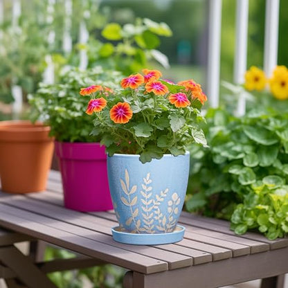 6 Inch Ceramic Plant Pot with Saucer - Small Flower Pot with Drainage for Succulents & Herbs, Boho Desk Home Office Room Decor, Plant Lovers Gifts, Blue - size: 6 Inch