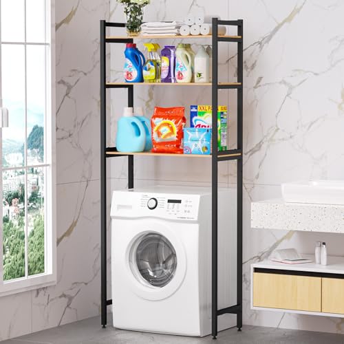 3-Tier Laundry Room Shelf, Over Washing Machine Storage Rack Floor-Standing Organizer Unit for Bathroom Toilet Kitchen - color: Black+wood