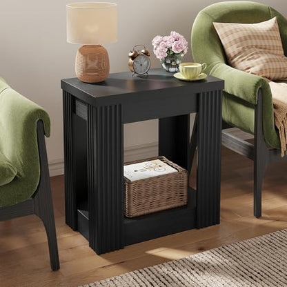 Maupvit Narrow Wood End Table for Living Room, 2-Tier Small Slim Side Table with Storage Shelf, Modern Fluted Nightstand for Bedside, Small Spaces, Living Room, Bedroom, Black, Set of 2 - color: Black