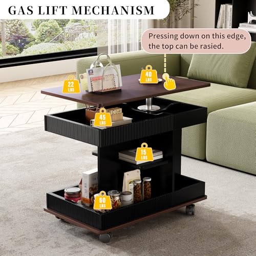 Merax Adjustable End Table with Wheels, Modern Multifunctional Sofa Side Table with Lift-Top, 360°Rotating Top and Storage Space for Living Room, Small Space, Black+Brown - color: Black+brown