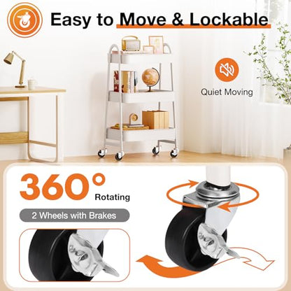 NEWBULIG 3-Tier Metal Rolling Cart with Lockable Wheels, Heavy Duty Mobile Utility Storage Shelf, Roller Book Snack Cart, Organization for Livingroom, Bathroom, Office, White | Mobile Organizer Shelf, Space-Saving, Freestanding, Bathroom, Living Room, Sli