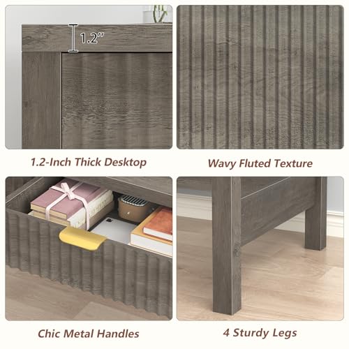 YOMILUVE Fluted Computer Desk with 2 Drawers, 39 Inch Small Computer Desk with Storage, Compact Writing Study Desk for Small Spaces, Gray - color: Grey