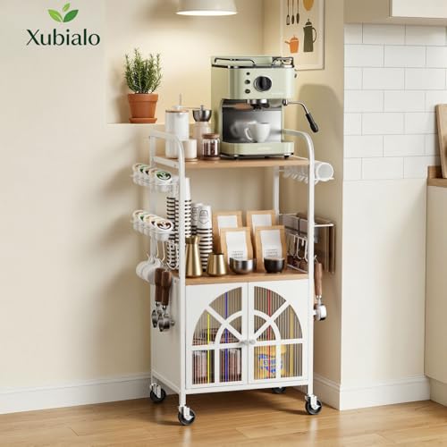 Xubialo 3 Tier Small Rolling Coffee Bar Cart, 16.9 x12 Kitchen Stand Station with Storage, Coffee Station Table on Wheels, 4 K Cup Pod Holder, 8 Hooks for Home, Office