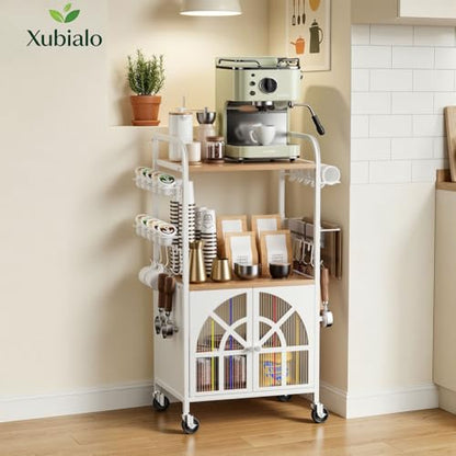 Xubialo 3 Tier Small Rolling Coffee Bar Cart, 16.9 x12 Kitchen Stand Station with Storage, Coffee Station Table on Wheels, 4 K Cup Pod Holder, 8 Hooks for Home, Office