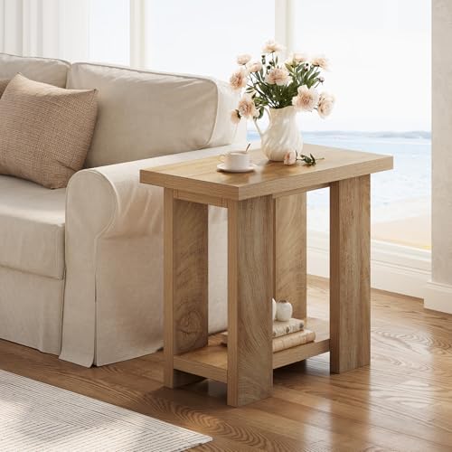 LITTLE TREE 2-Tier Side Table, Farmhouse End Table with Storage Shelves, Small Nightstand Wooden Beside Table Bed Side Table for Small Spaces, Living Room, Bedroom, Light Brown - color: Light Brown