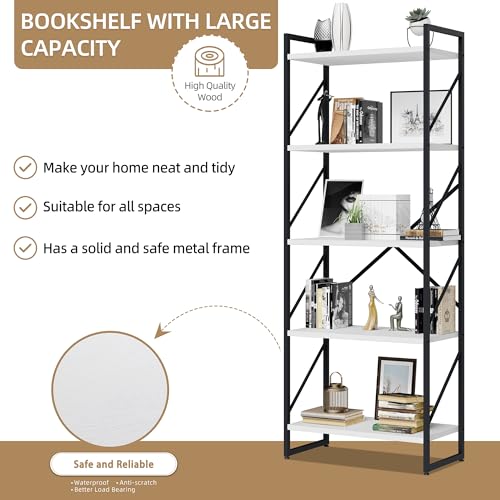Vongrasig 5 Tier Bookshelf, Modern Tall Bookcase, Industrial Book Shelves Display Standing Shelf, Free Standing Storage Organizer for Bedroom, Living Room, White - color: White
