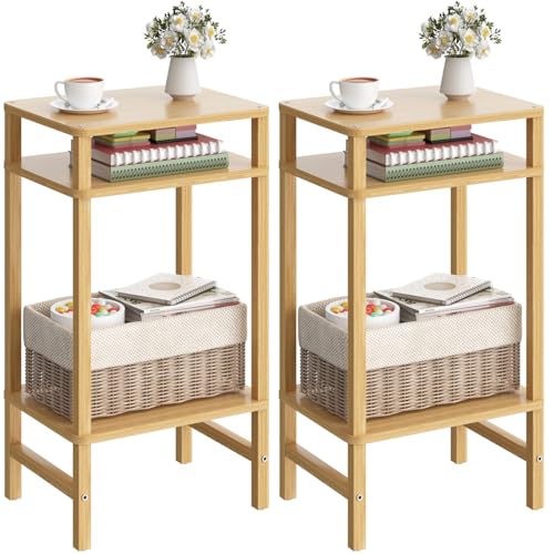 YUFAM Side Table End Table Tall Night Stand 3-Tier 2 Pack for Living Room Bedroom Bathroom Office Furniture Natural - color: Natural, size: 3 Tier
