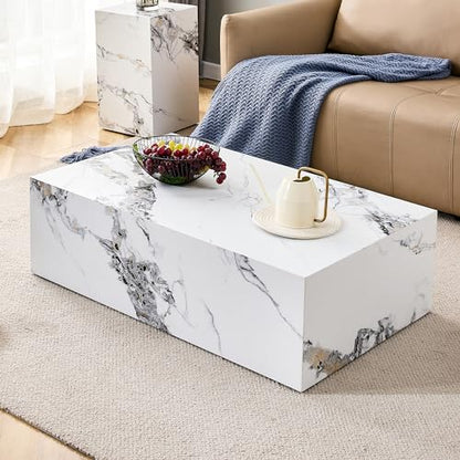 39" Rectangular Compact Coffee Table,Small Cube End Table,Modern Side Table with Stylish Faux Marble Pattern,Minimalist Accent Table for Living Room,Office,Apartment,Nightstand(White,39") - color: White,39"