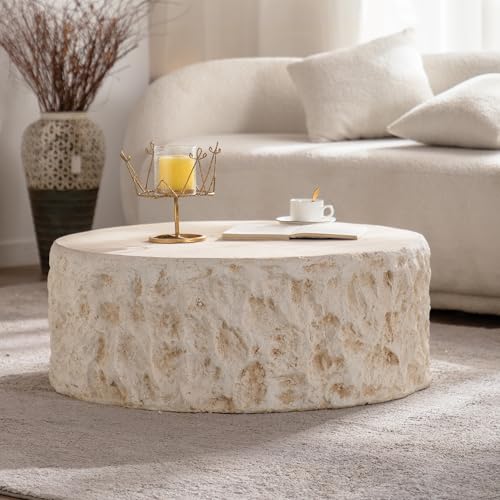 Round Coffee Table for Living Room Outdoor Faux Stone Coffee Table Amber Travertine Concrete Pattern, 31.49" Modern Faux Marble Center Tables Tea Tables, No Need Assemble, Beige - color: Faux Stone-round-31.49inch-beige-coffee