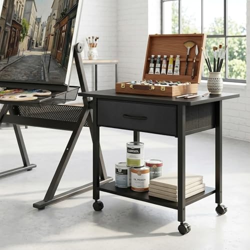 22" x 15" Under Desk Rolling Printer Stand, 2-Tier Industrial Mobile Printer Table with Strong Fabric Drawer, Storage Shelf, Steel Frame and Lockable Wheels, Printer Cart for Home Office (Black) - color: Black