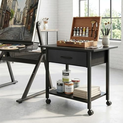 22" x 15" Under Desk Rolling Printer Stand, 2-Tier Industrial Mobile Printer Table with Strong Fabric Drawer, Storage Shelf, Steel Frame and Lockable Wheels, Printer Cart for Home Office (Black) - color: Black