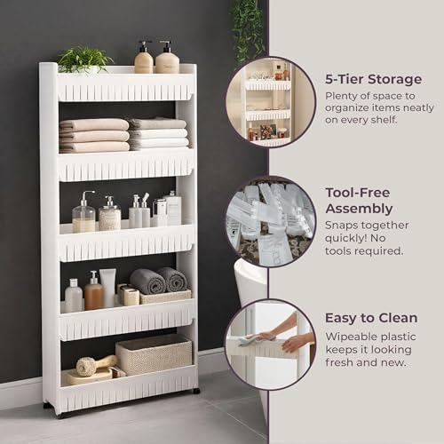 Slim Rolling Storage Cart - 5-Tier Utility Cart with Wheels for Bathroom, Kitchen, and Laundry Room - Bathroom Shelves by Lavish Home (White) - size: 5-Tier
