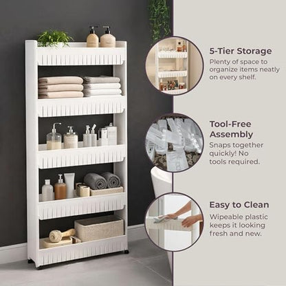 Slim Rolling Storage Cart - 5-Tier Utility Cart with Wheels for Bathroom, Kitchen, and Laundry Room - Bathroom Shelves by Lavish Home (White) - size: 5-Tier