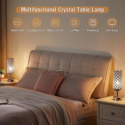 Hong-in Crystal Lamp Touch Control Set of 2, Sliver Crystal Table Lamps with USB C+A Ports & AC Outlet, 3-Way Dimmable Nightstand Touch Lamp, Modern Bedside Table Lamp for Bedroom(Bulbs Included) - color: A-Silver