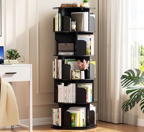 Aheaplus 5 Tier Rotating Bookshelf, Wood Spinning Bookshelf Tower, Round Revolving 360 Bookcase, Narrow Turning Book Shelf Rolling Corner Organizer for Small Space, Bedroom, Office, Black - color: Black, size: 5-Tier