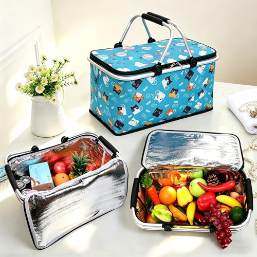Upgrade Shopping Bag Picnic Basket 2 Layers of Internal Pockets Leak-Proof Insulated Cooler Bag Bag Collapsible Shopping Basket Folding Grocery Basket Bag for Picnic Travel(Blue Cat) - color: Blue Cat