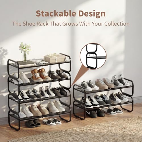 4Tier Shoe Rack - Expandable Shoe Organizer for Closet, Adjustable Metal Shoe Shelf Storage, Stackable Long Shoe Stand Holder for Garage, Entryway, Door Entrance - size: 4 Tier