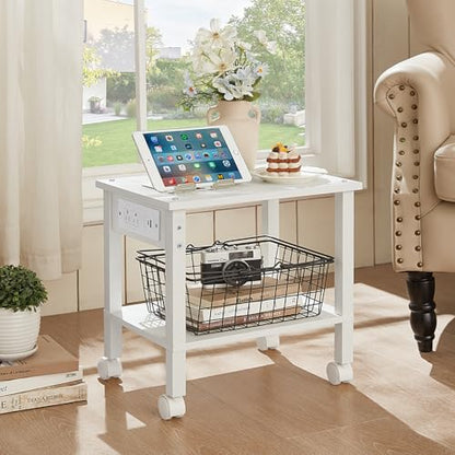 YUFAM 2 Tier Under Desk Printer Stand with Charging Station, White | Wooden Small Printer Table for Home Office, Rolling Printer Cart Shelf with Lockable Wheels - color: White, size: 11.8"D×15.7"W×15.3"H(With USB)