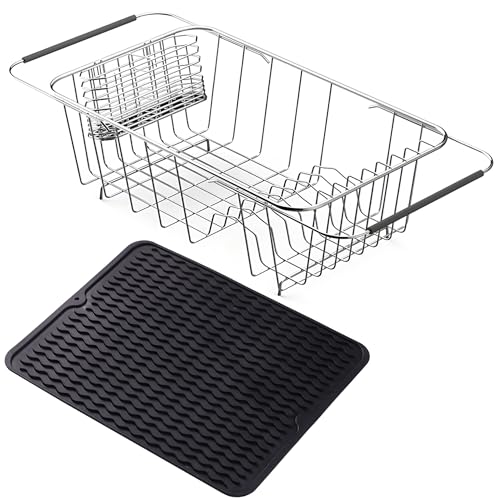 NiuYichee Stainless Steel Dish Drying Rack(14.2"L x 9.5"W x 4.1"H), Expandable Fruit & Vegetable Drain Rack over Sink, Dish Drainer Rack in Sink, with Stainless Steel Utensil Holder & 16" Silicone Mat - size: Small【14.2" X 9.5"】