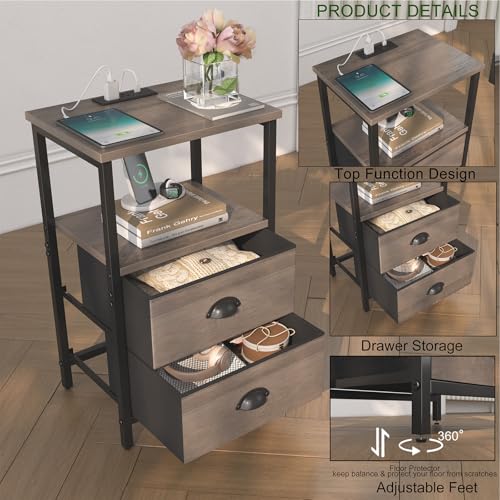 sthmec Nightstand with Charging Station, LED Night Stand Set of 2, Bedside Table End Table with Drawer, Bedroom Tables with 2 Fabric Drawers, 3-Tier Storage Side Table for Bedroom,Grey - color: Grey
