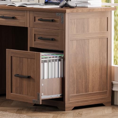 55" Farmhouse Executive Desk with Charging Station & Power Outlet, Home Office Computer Desk with 5 Drawers and Storage Cabinet, Rustic Wood Writing Study Table with File Drawer (Walnut-05) - color: Walnut-05