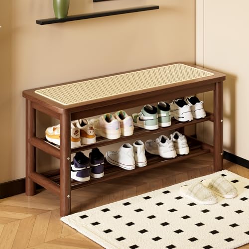 SOBIBO Bamboo Shoe Rack Bench with Rattan Seat, 3-Tier Shoe Storage Bench, Entryway Bench for Hallway, Walnut-31.5 inches - color: Walnut, size: 31.5 inch