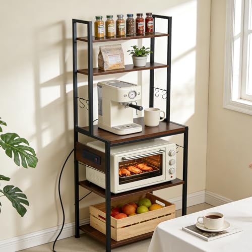 Cheersstar Bakers Rack with Power Outlet - Microwave Oven Stand 5 Tiers, Kitchen Storage Shelf Rack with 6 S-Shaped Hooks, Coffee Bar Cabinet for Kitchen, Entryway, Living Room, Rustic Brown