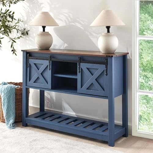 Blue Farmhouse Entryway Table, Rustic Hallway Table with Storage Shelf, Sofa Table with Sliding Barn Doors for Hallway, Entryway, Living Room, Foyer - color: Blue