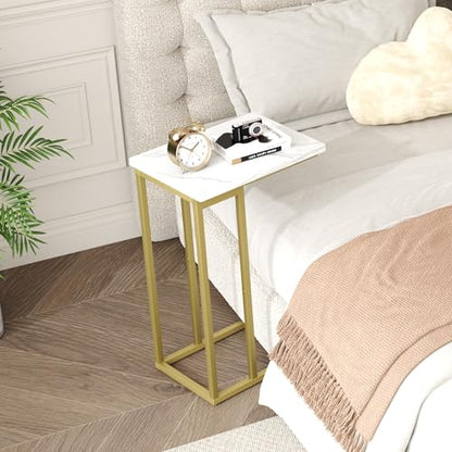Function Home C Shaped End Table, Small Side Tables for Sofa Bed, Couch Tables that Slide Under, Drink Snack Table for Living Room Bedroom Small Space, White Wood Top and Gold Metal Frame - color: Square Gold
