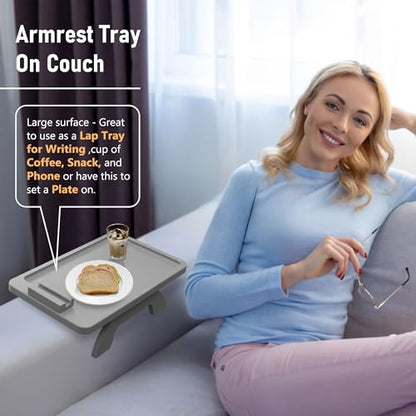 SINWANT Couch Armrest Table,Bamboo Couch Arm Tray with 360° Rotating Phone Holder,Anti Slip Foldable Sofa Arm Tray for Eating Drinking Snacks Remote on Armrest 15.35"x9.85" - color: Gray