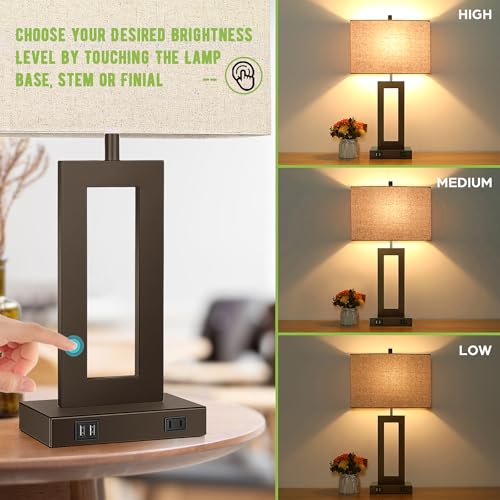 Set of 2 Touch Control Table Lamps with 2 USB Ports&AC Outlet, 3-Way Dimmable Modern Nightstand Lamp Sets, Brown Bedside Desk Lamps for Bedroom Living Room End Tables, Bulbs Included, Cream Shade | 3 Way Dimmable, Touch Control, Fabric Cream Shade, Nights