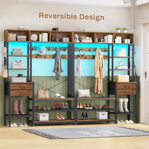 Itaar Hall Tree with Bench and Shoe Storage, 7-in-1 Entryway Bench with Coat Rack, 3 Storage Cubbies, 3 Open Shelves, 17 Coat Hooks, 2 Fabric Drawers (Rustic Brown) - color: Rustic Brown