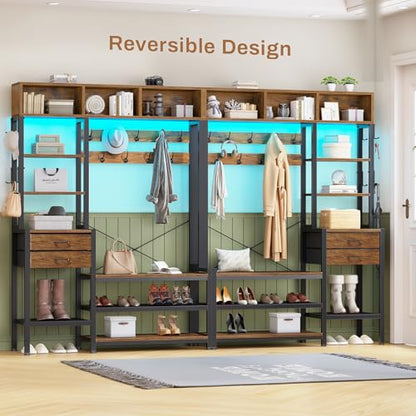 Itaar Hall Tree with Bench and Shoe Storage, 7-in-1 Entryway Bench with Coat Rack, 3 Storage Cubbies, 3 Open Shelves, 17 Coat Hooks, 2 Fabric Drawers (Rustic Brown) - color: Rustic Brown