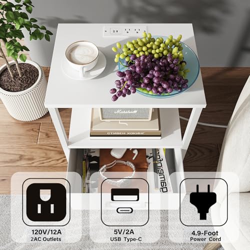 TUTOTAK LED Nightstand Set of 2, Night Stand with Charging Station, End Table, Bedside Table with Fabric Drawer, Side Table for Livingroom and Bedroom, Whtie TB01BW0692L - color: White, style: Plug&LED