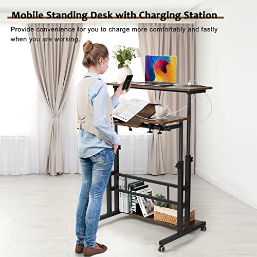 Hadulcet Mobile Standing Desk Adjustable Height, Rolling Desk Stand Up Desk, Mobile Laptop Desk, Rolling Computer Desk with Charging Station, Portable Desk with Wheels, Rustic Brown - color: Rustic Brown, size: 31.5" With Charging Station