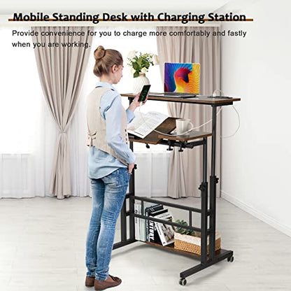 Hadulcet Mobile Standing Desk Adjustable Height, Rolling Desk Stand Up Desk, Mobile Laptop Desk, Rolling Computer Desk with Charging Station, Portable Desk with Wheels, Rustic Brown - color: Rustic Brown, size: 31.5" With Charging Station
