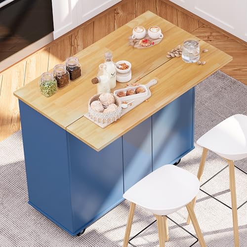SUNLEI Kitchen Island on Wheels with Storage Cabinet & Foldable Drop Leaf, Rolling Kitchen Table, Cart Handle for Towel Rack, Drop Leaf, Portable Islands for Kitchen (Classic Blue, 39.7-INCH) - size: 39.7 INCH, style: Blue