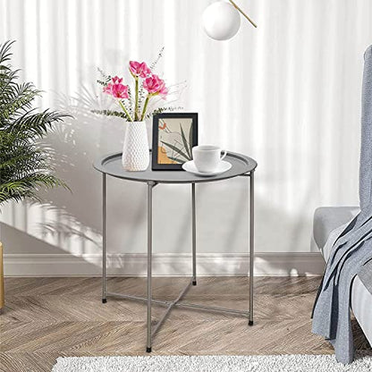 Garden 4 you Folding Tray Metal Side Table 2PC Grey Round End Table Cyan Sofa Small Accent Fold-able Table, Round End Table Tray, Next to Sofa Table, Snack Table for Living Room and Bed Room - color: Grey