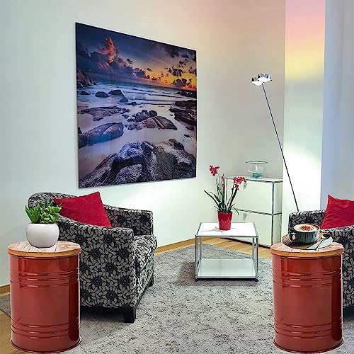 Glitzhome Rustic End Table Set of 2, Farmhouse Galvanized Metal Barrel Ottoman Storage Stool with Round Wood Lid for Living Room Furniture, Red - color: Red