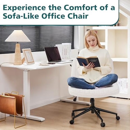 OLIXIS Criss Cross Office Chair, Vanity Chair, Home Office Desk | Wide Seat, Height Adjustable, Comfy Teddy Fleece, Armless No Wheels, Bedroom, Study Room, Beige Wheel Teddy - color: Beige Wheel Teddy